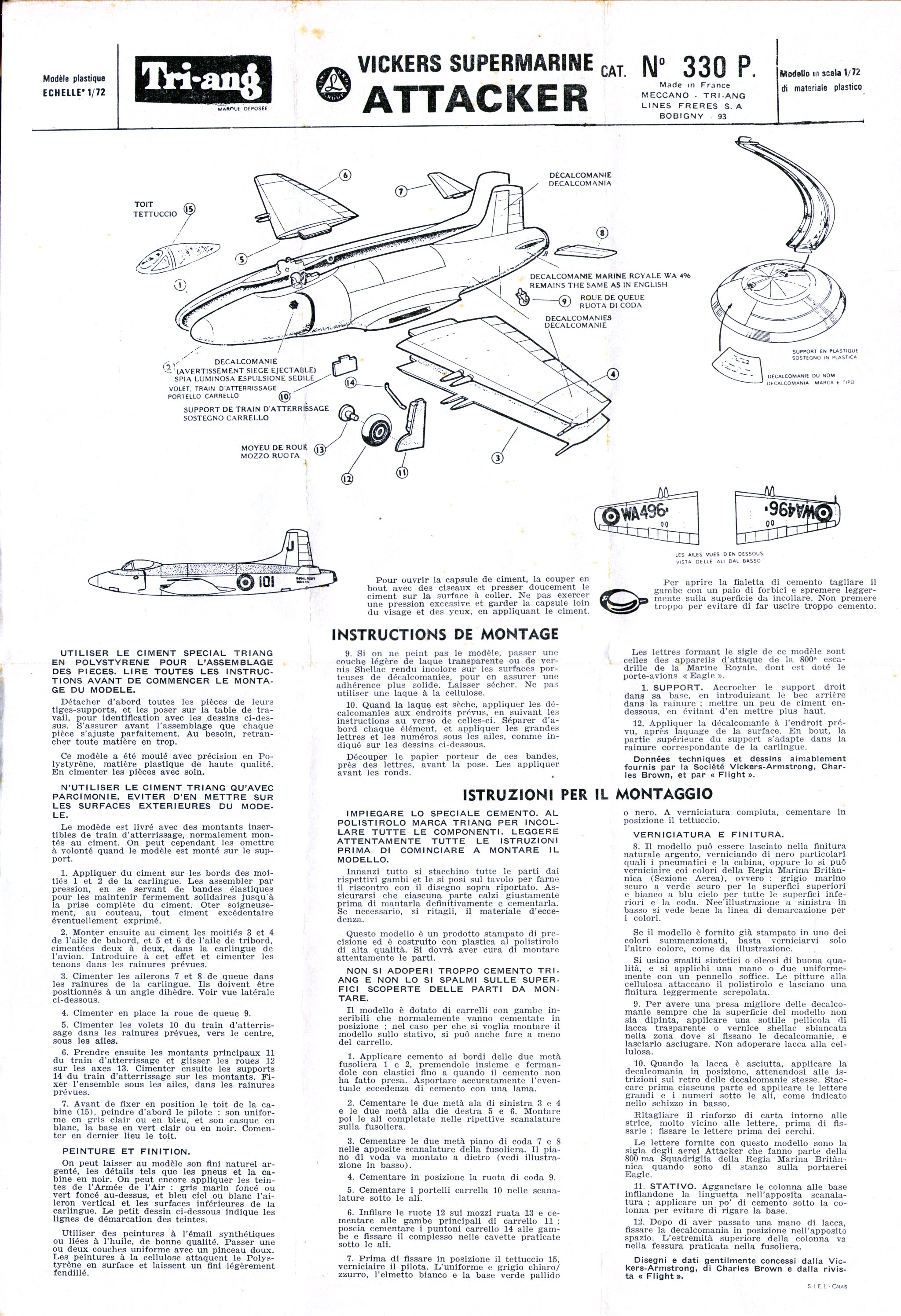 Tri-ang 330P Vickers-Supermarine Attacker chasseur à réaction de la marine, Lines Freres SA, Calais, 1961, assembly instructions
